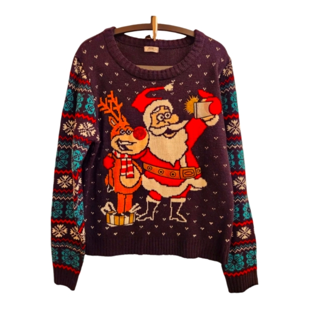Holiday Christmas Sweater Santa Selfie with Rudolph Red Sequence Nose Medium